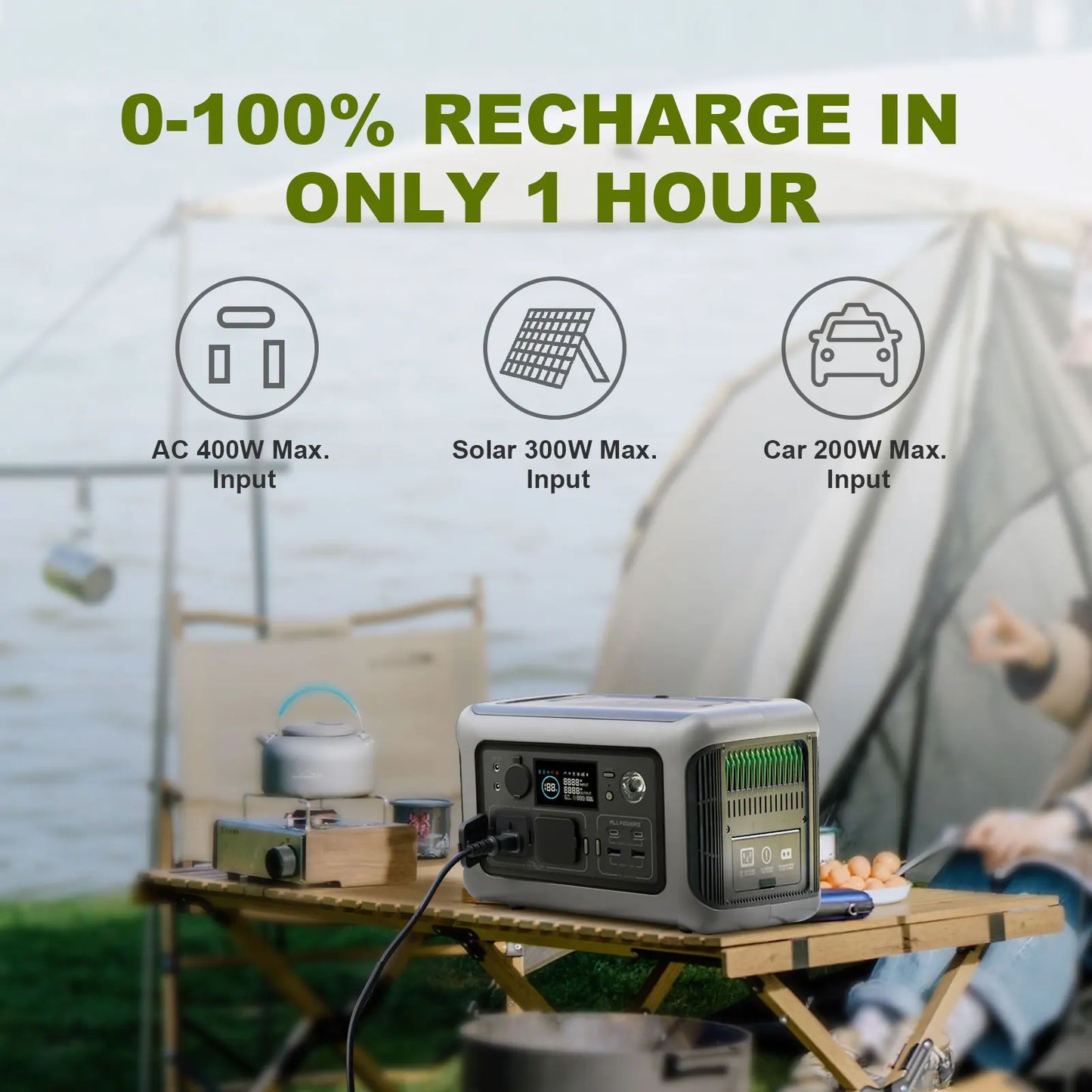 Portable Power Station R600, 299Wh Lifep04 Battery with 2X 600W (1200W Surge) AC Outlets for Outdoor Camping RV Home