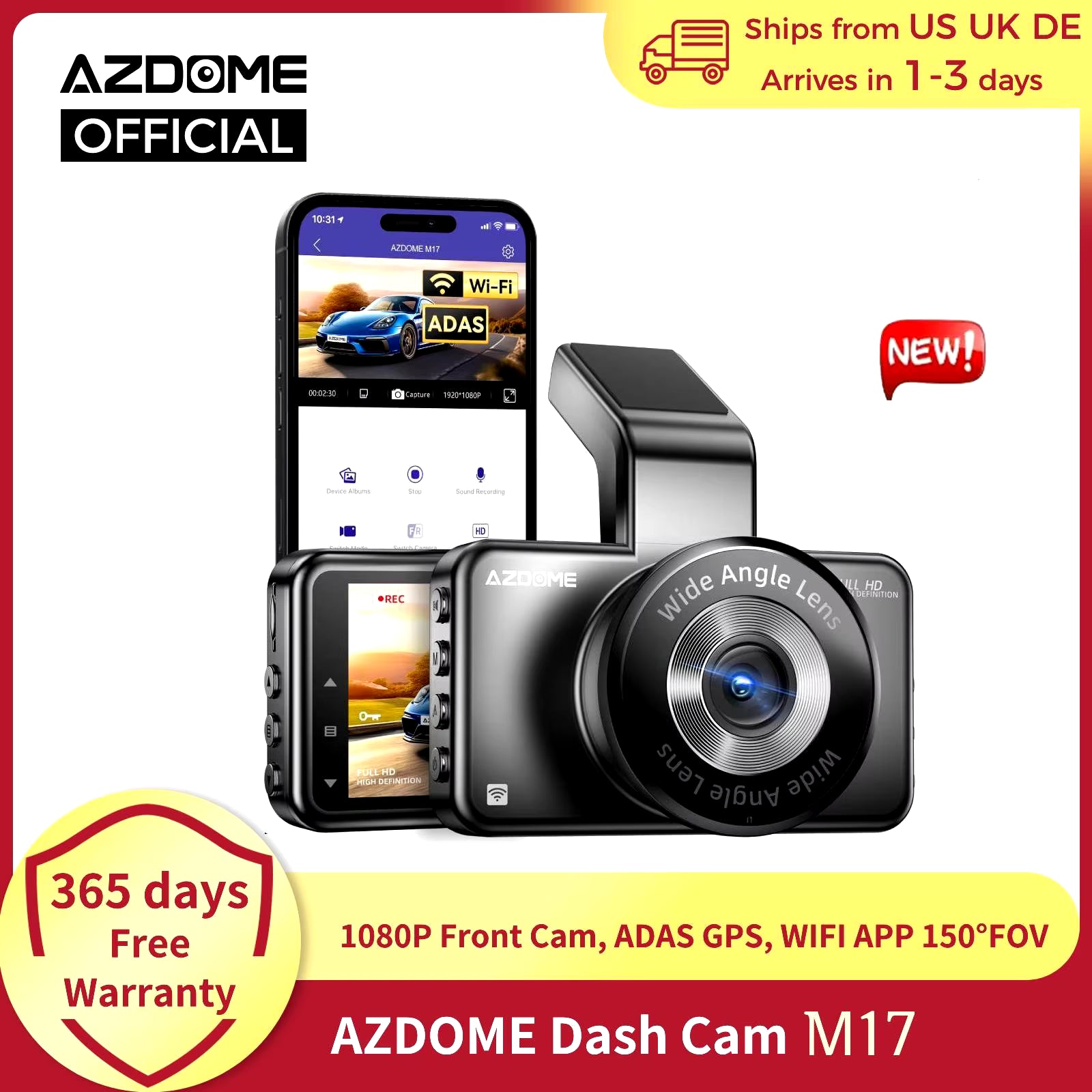 Dash Cam M17 1080P Front Cam Built-In ADAS GPS Car Camera 24H Parking Monitor Night Vision Car DVR WIFI APP 150°FOV