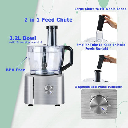 11-In-1 3.2L Bowl 1100W 3 Speeds with Chopping Blending Kneading Grinding Whisking Juicing Food Processor Blender