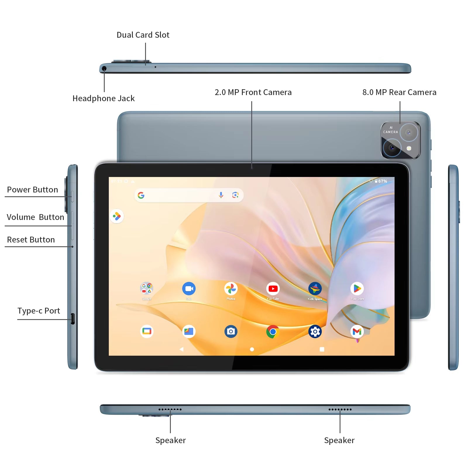 PRITOM TAB11 Android 14 Tablet 10 Inch, 8GB(4+4 Expand) RAM + 128GB ROM, Octa Core, 5G Wifi, with Keyboard, Mouse, Case