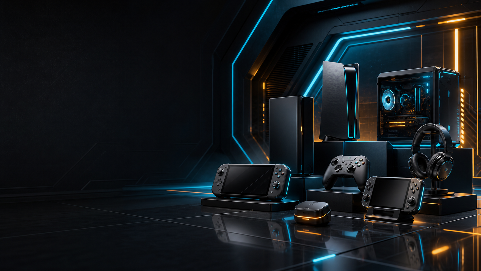 Premium vault showroom with gaming consoles and gadgets