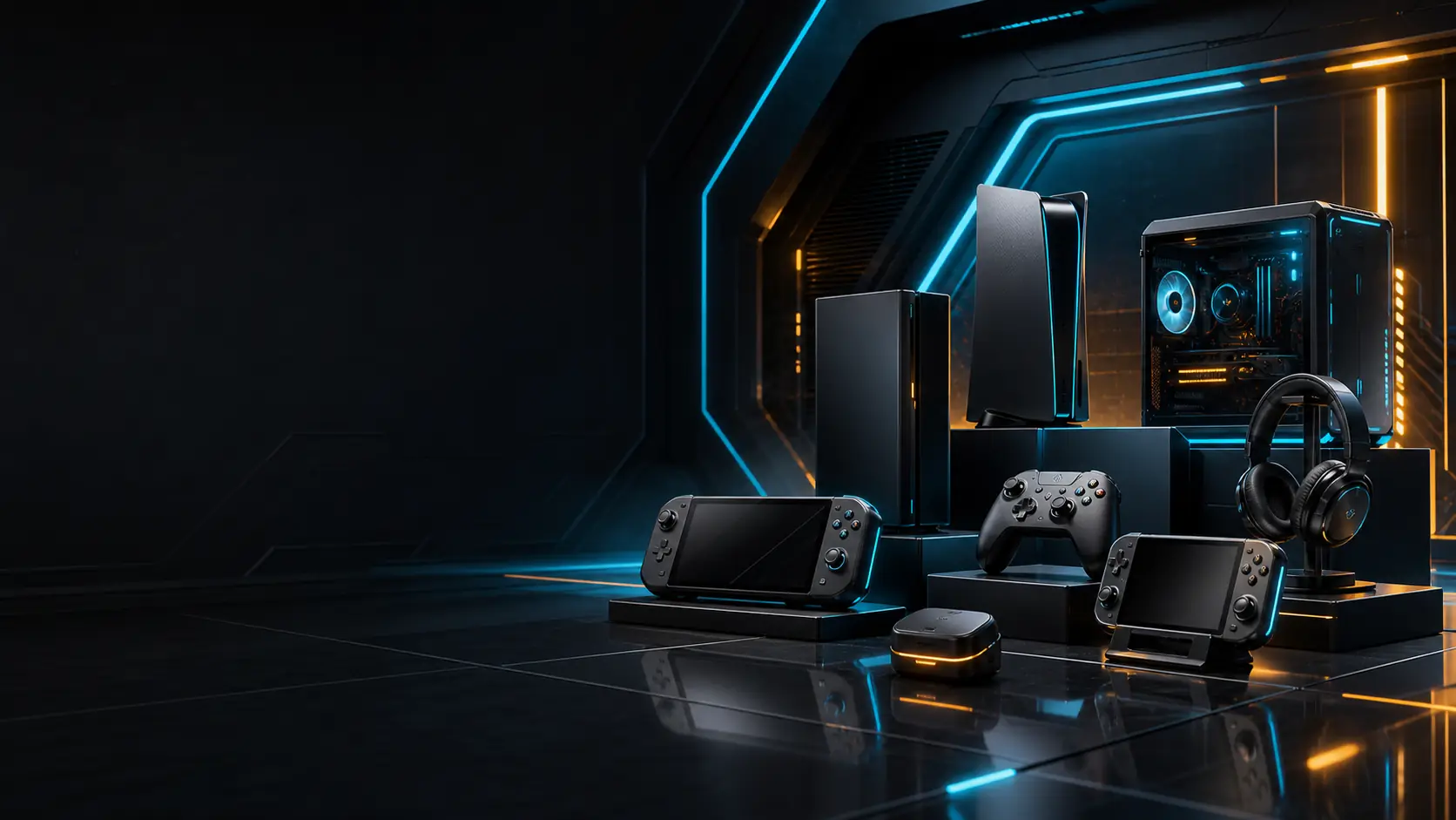 Premium vault showroom with gaming consoles and gadgets